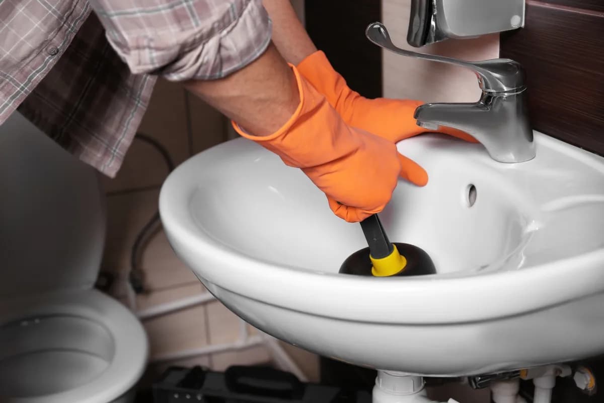 Technician feeding a drain cleaning cable into a floor drain